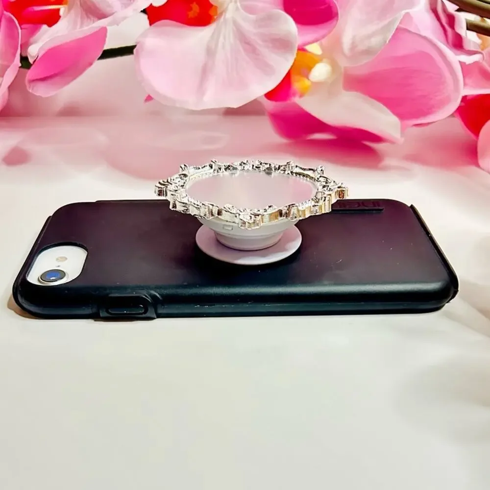 NWT Vintage Style Mirror Phone Grip Silver Ornate Aesthetic Stand